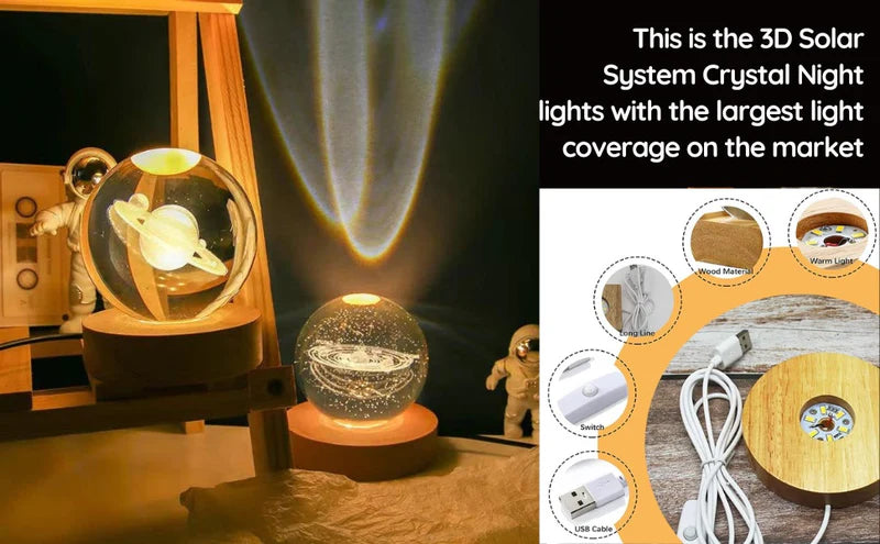 3D Galaxy Solar System Crystal Ball Night Light with Wooden Base for Boys and Girls (Random Designs) - solar system