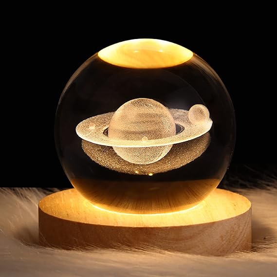 3D Galaxy Solar System Crystal Ball Night Light with Wooden Base for Boys and Girls (Random Designs) saturn