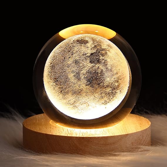 3D Galaxy Solar System Crystal Ball Night Light with Wooden Base for Boys and Girls (Random Designs) - moon