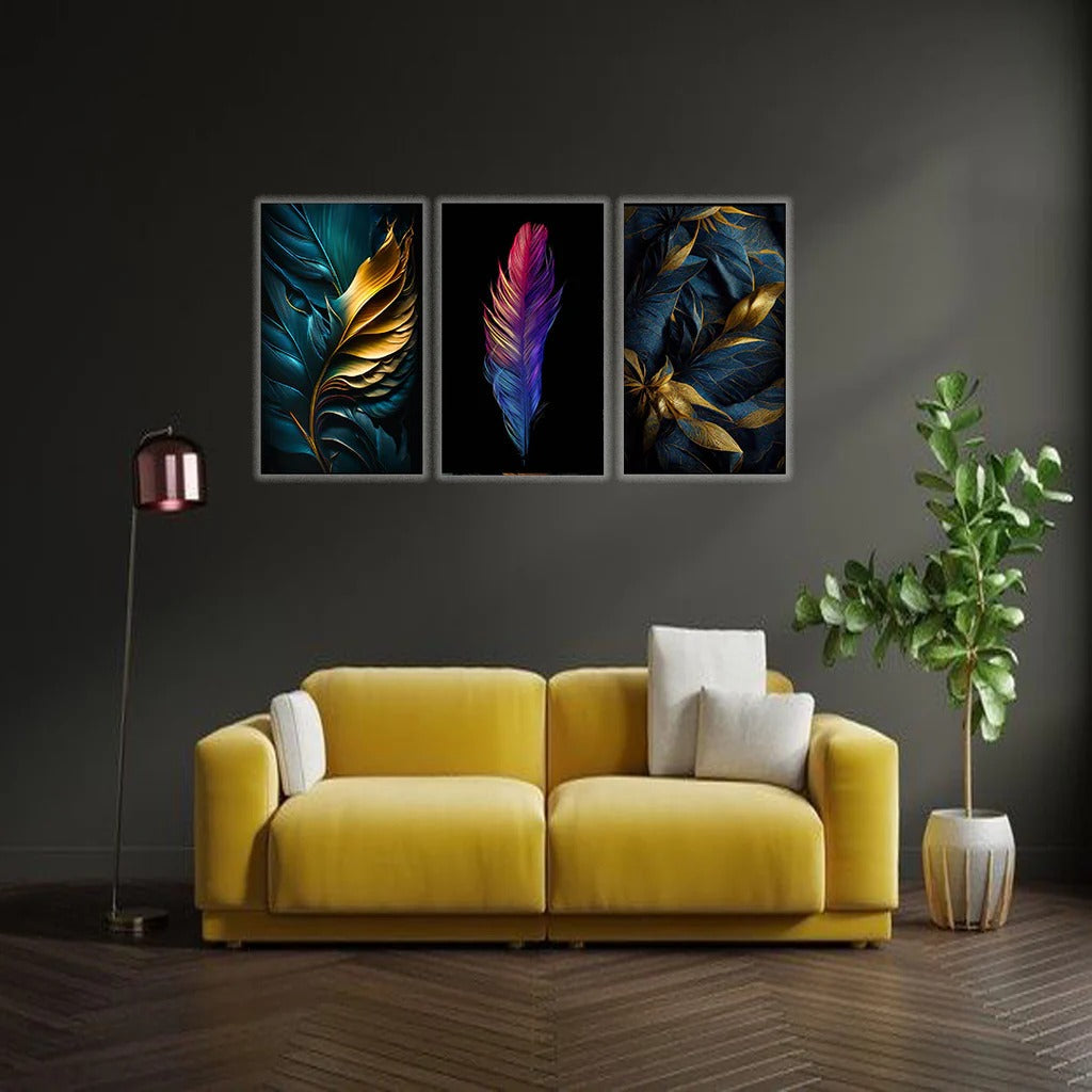 3-Piece Feather Design Wall Art Frames – Modern Decorative Wall Hanging Set, 8x11 Inches Each with Double Tape for Easy Installation