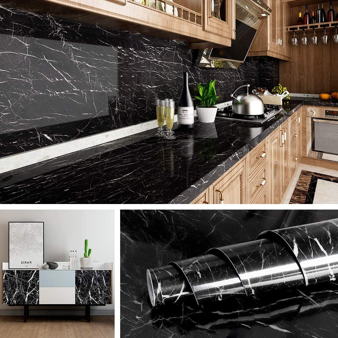 Self Adhesive Black Marble Sheet For Kitchen (60x200)