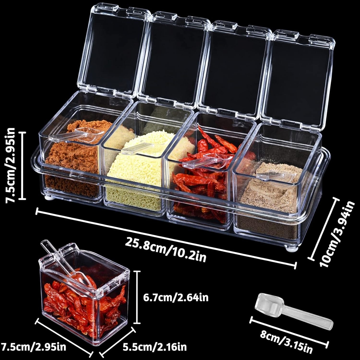Crystal Seasoning Box With 4 Compartments And Spoons