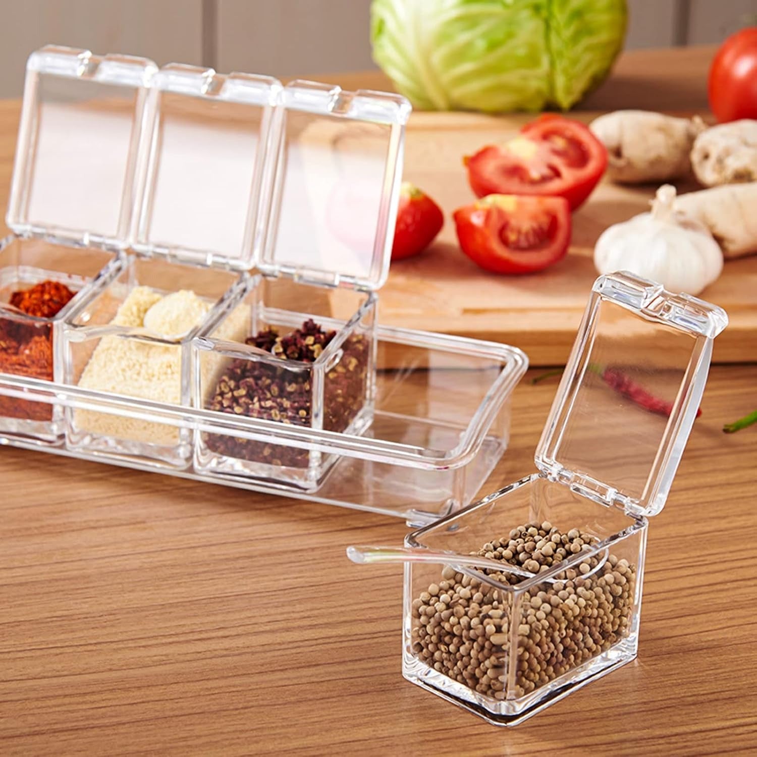 Crystal Seasoning Box With 4 Compartments And Spoons